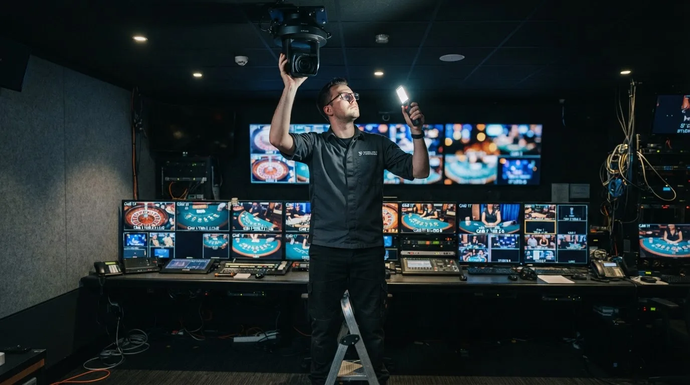 Técnico de uniforme escuro a verificar câmaras e equipamento numa sala de controlo de um estúdio de televisão, com vários monitores desfocados.