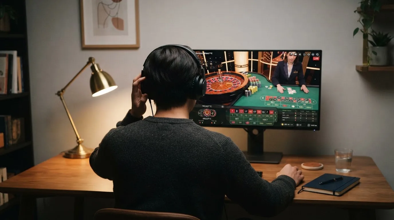 Pessoa sentada à secretária a ver um estúdio de casino em direto num monitor largo, com auscultadores e um caderno fechado ao lado.
