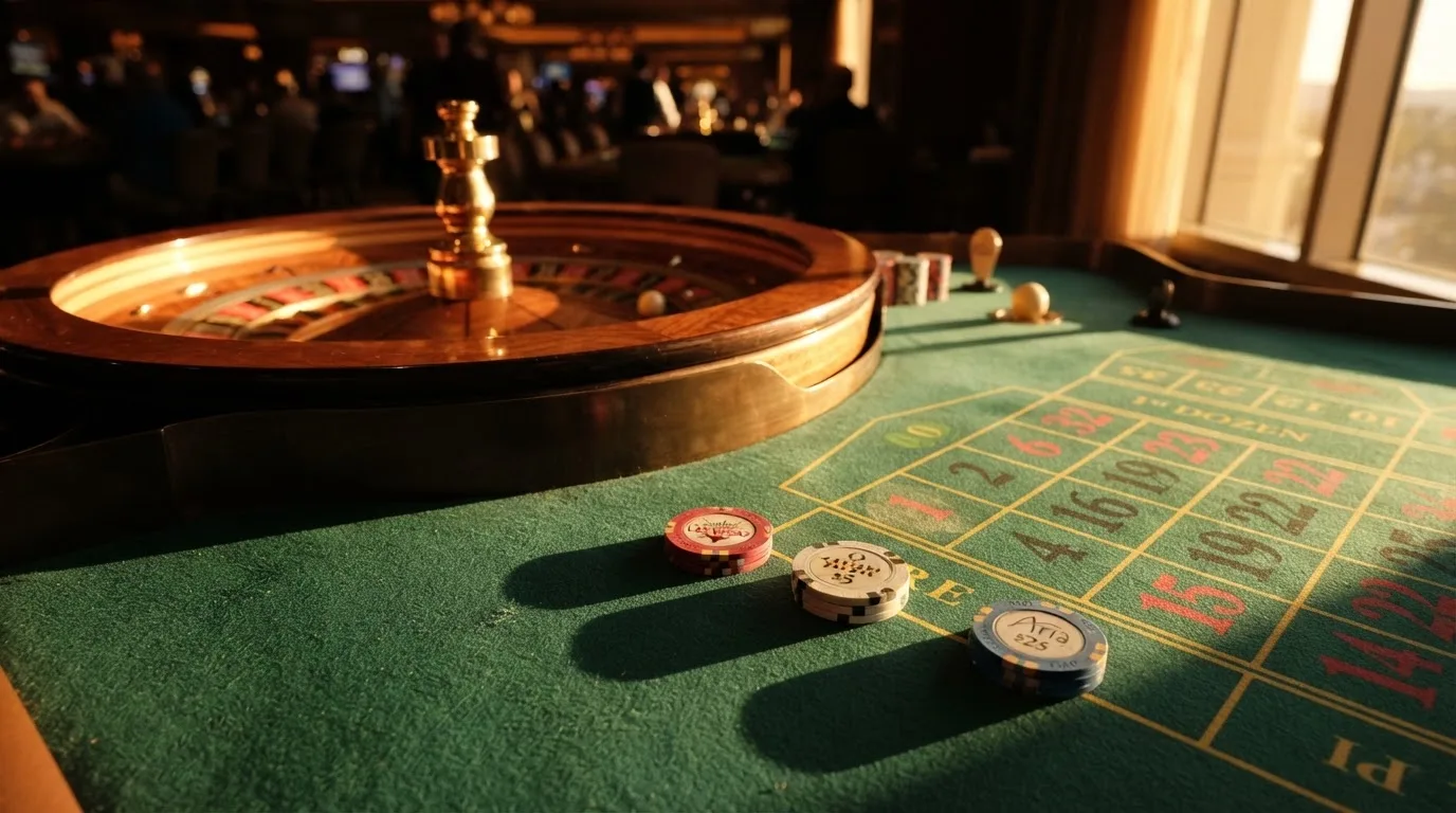 Roda de roleta e fichas sobre feltro verde, sob uma luz quente de fim de tarde — casinos com apple pay em portugal