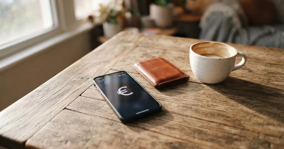 Telemóvel numa mesa de madeira ao lado de uma carteira e de uma chávena de café — casinos com apple pay em portugal