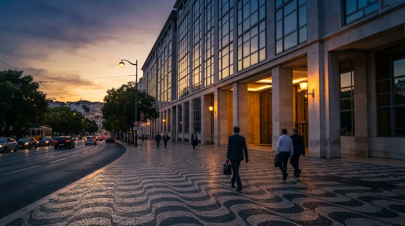 Fachada de um edifício administrativo moderno em Lisboa ao entardecer, com janelas amplas, calçada portuguesa e algumas pessoas a passar.