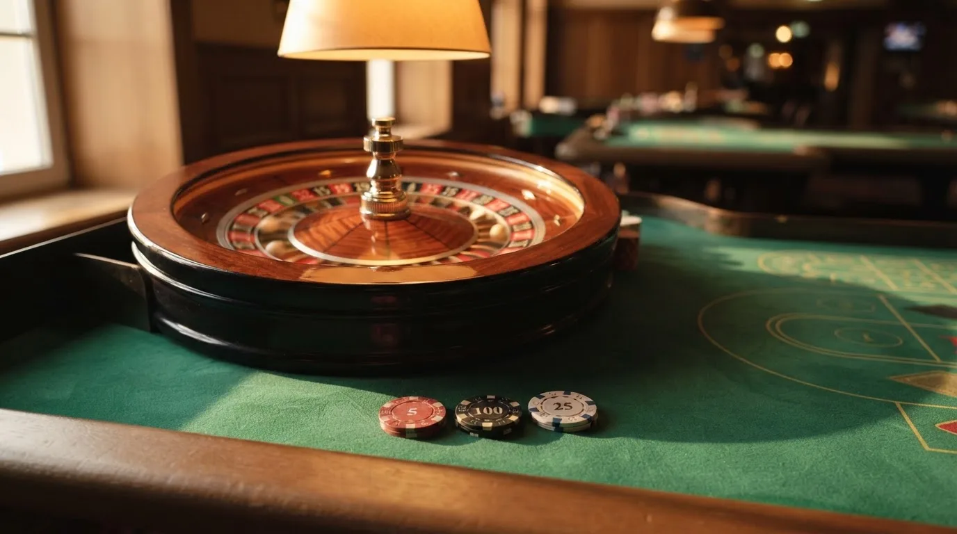 Roda de roleta e fichas sobre feltro verde, sob uma luz quente de fim de tarde — casinos com bônus em portugal