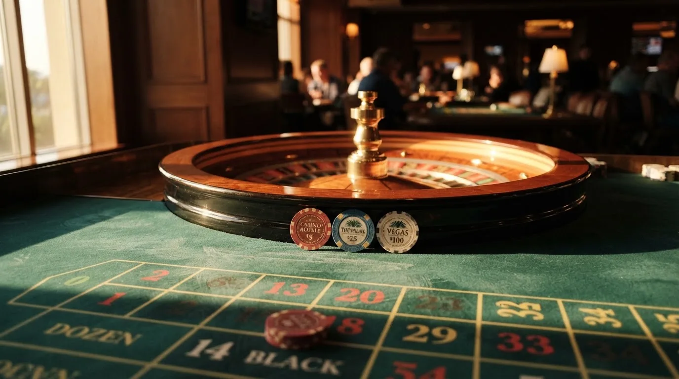 Roda de roleta e fichas sobre feltro verde, sob uma luz quente de fim de tarde — casinos com depósito mínimo pt