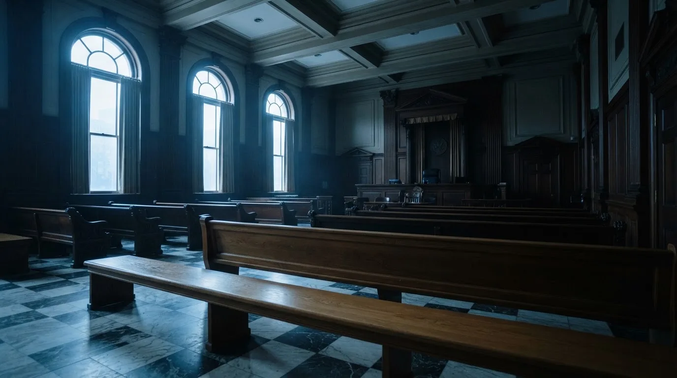 Sala de tribunal vazia com painéis de madeira, à luz da manhã — casinos com google pay em portugal