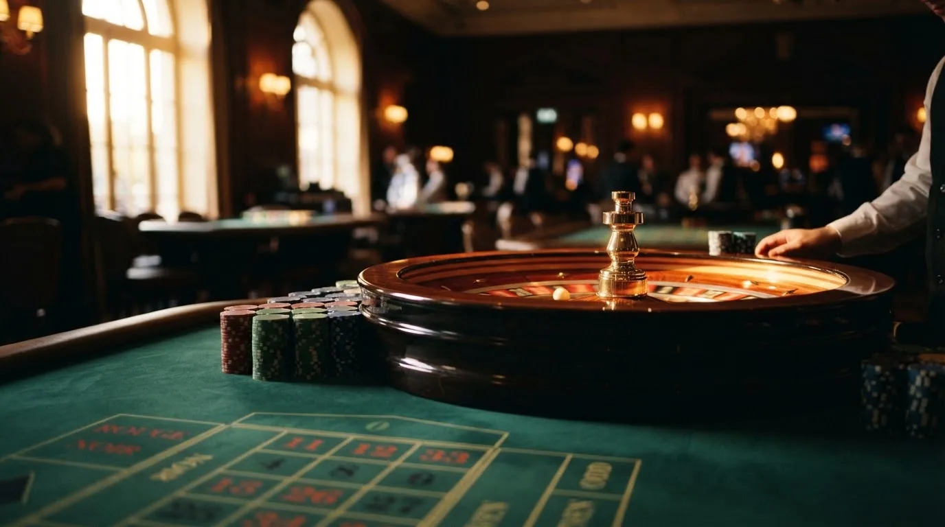 Roda de roleta e fichas sobre feltro verde, sob uma luz quente de fim de tarde — casinos com google pay em portugal