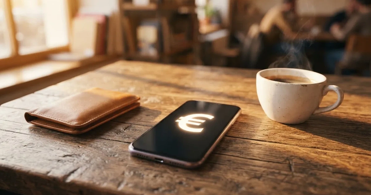 Telemóvel numa mesa de madeira ao lado de uma carteira e de uma chávena de café — casinos com google pay em portugal