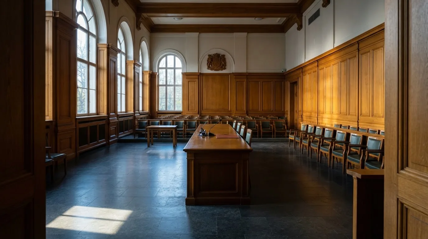 Sala de tribunal vazia com painéis de madeira, à luz da manhã — casinos com maestro em portugal