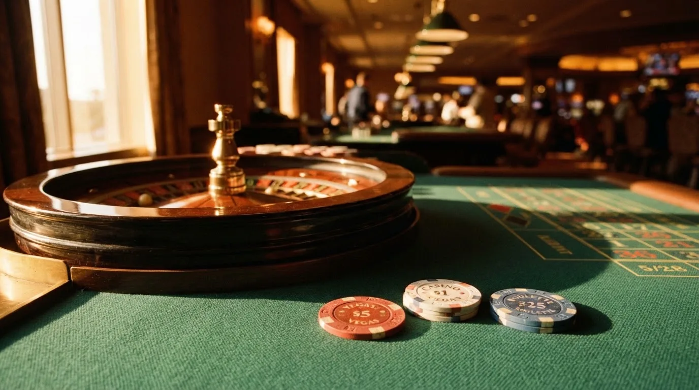 Roda de roleta e fichas sobre feltro verde, sob uma luz quente de fim de tarde — casinos com maestro em portugal
