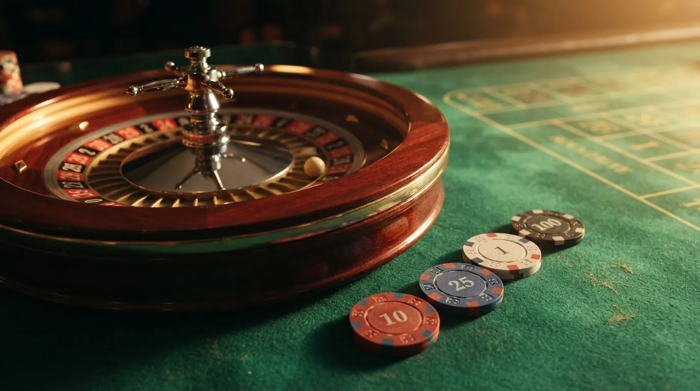 Roda de roleta e fichas sobre feltro verde, sob uma luz quente de fim de tarde — casinos com mastercard em portugal