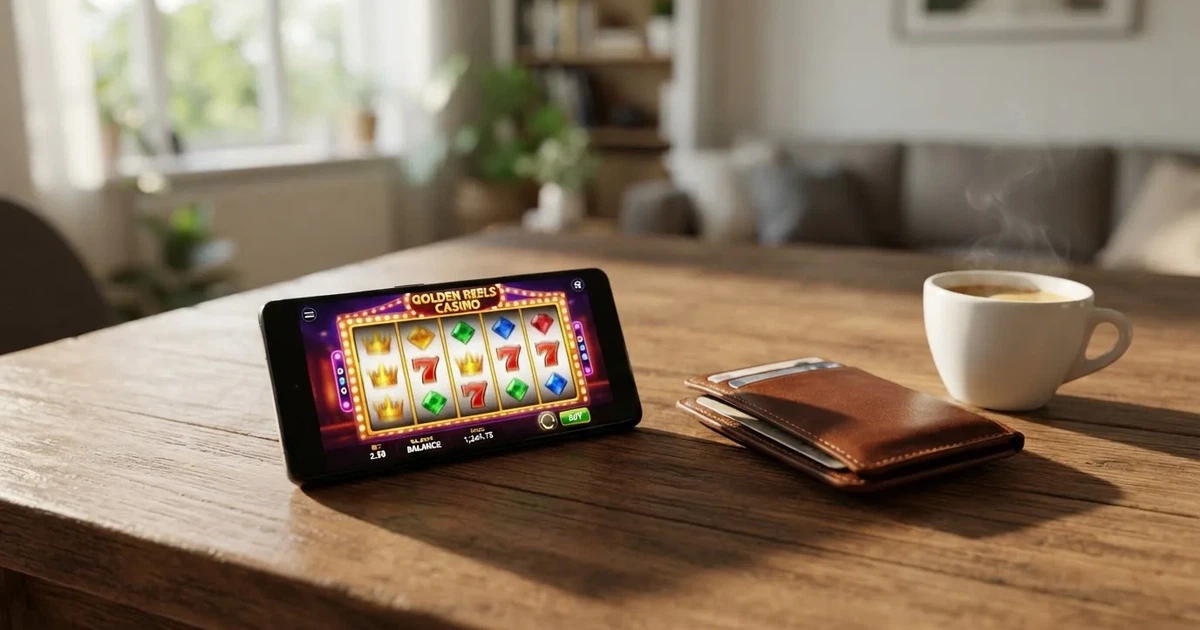 Telemóvel numa mesa de madeira ao lado de uma carteira e de uma chávena de café — casinos com mastercard em portugal