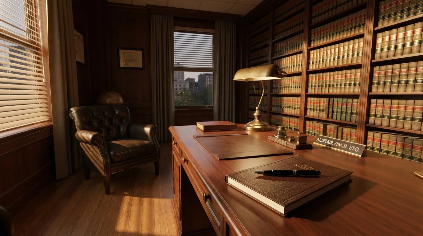Escritório de advocacia com secretária de madeira, candeeiro de leitura e estantes de livros, sem pessoas, luz tranquila de fim de tarde.