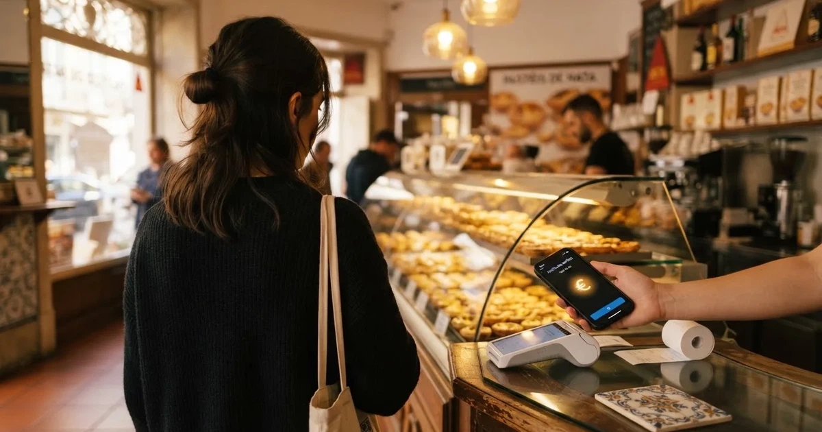 Cliente numa pastelaria portuguesa a pagar com o telemóvel num terminal discreto, balcão de vidro com pastéis desfocados ao fundo.