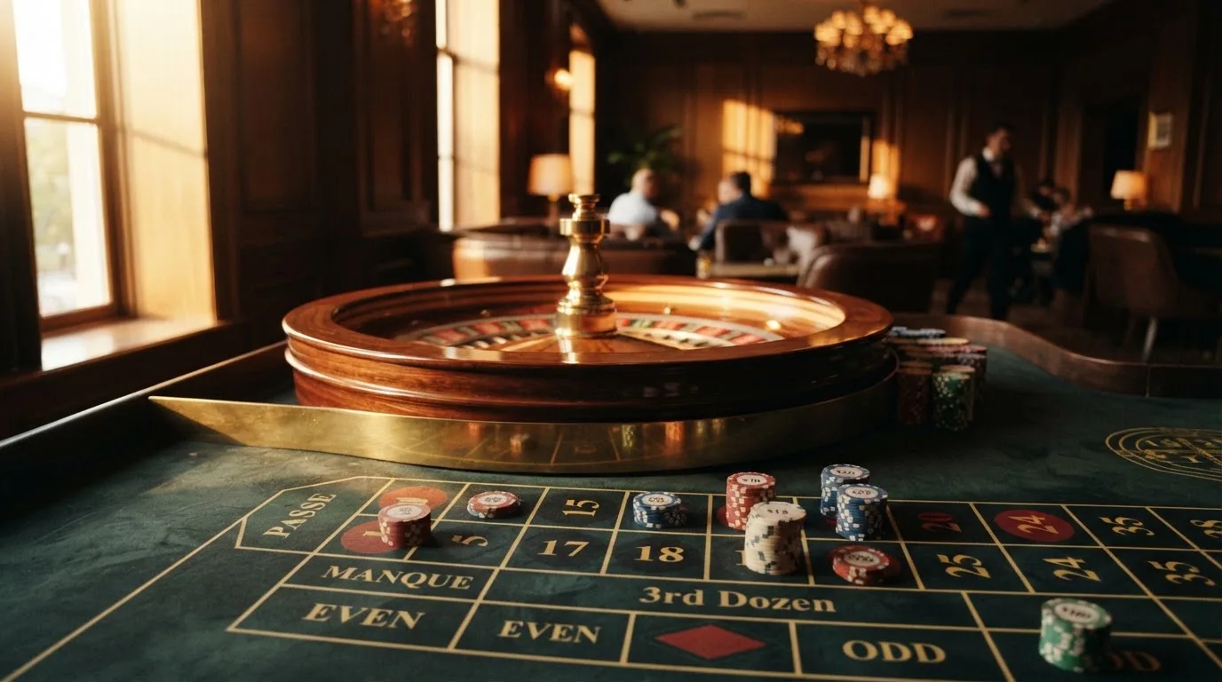 Roda de roleta e fichas sobre feltro verde, sob uma luz quente de fim de tarde — casinos com mifinity em portugal