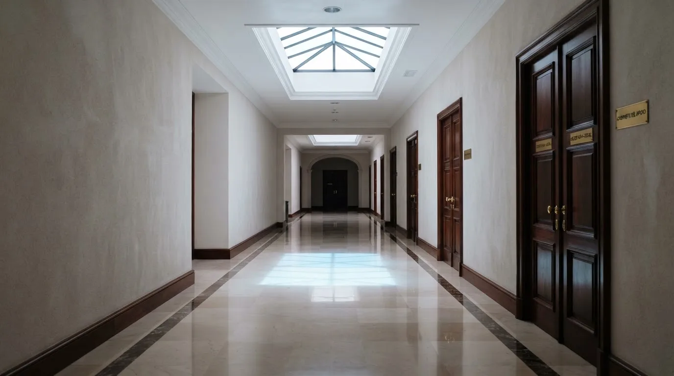 Corredor de um tribunal moderno com portas de madeira e pavimento polido, sem pessoas, luz natural vinda de uma claraboia.