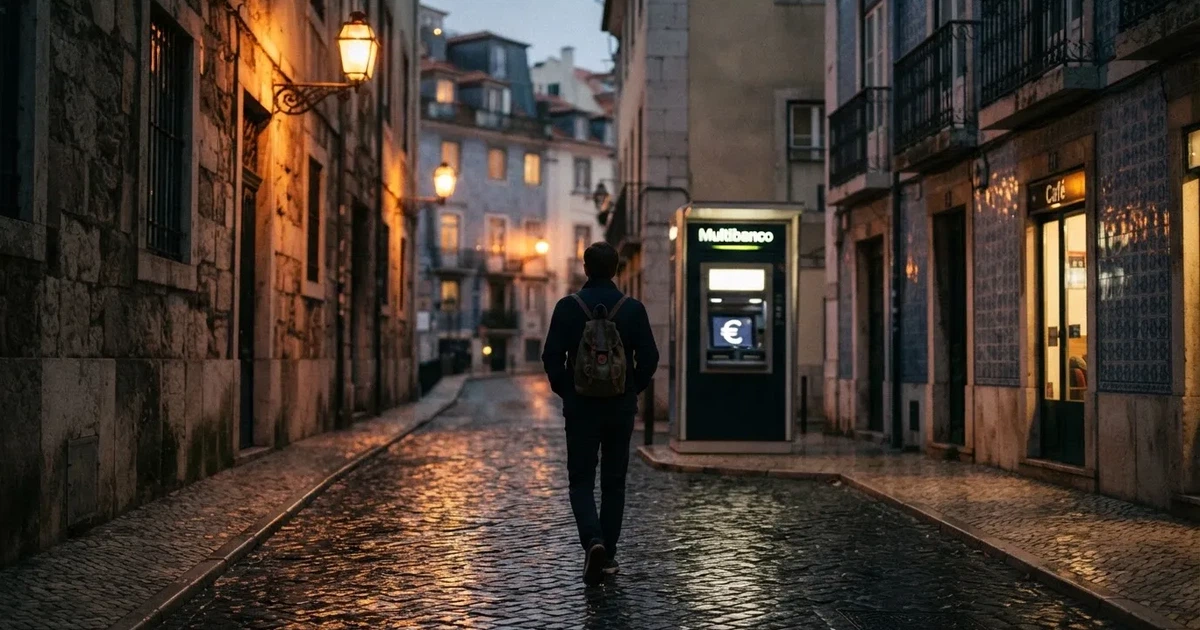 Pessoa de costas a usar um terminal bancário de rua ao anoitecer, com reflexos de candeeiros na calçada molhada.