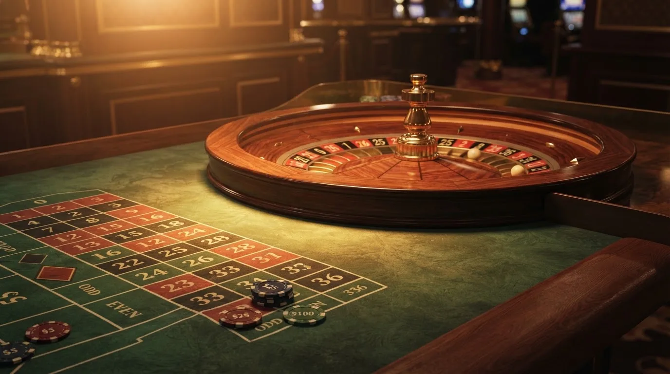 Roda de roleta e fichas sobre feltro verde, sob uma luz quente de fim de tarde — casinos com neteller em portugal
