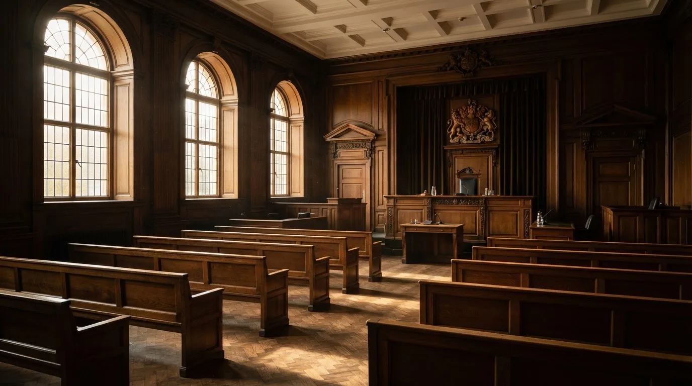 Sala de tribunal vazia com painéis de madeira, à luz da manhã — casinos com paypal em portugal