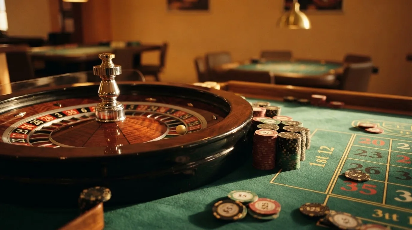 Roda de roleta e fichas sobre feltro verde, sob uma luz quente de fim de tarde — casinos com paypal em portugal