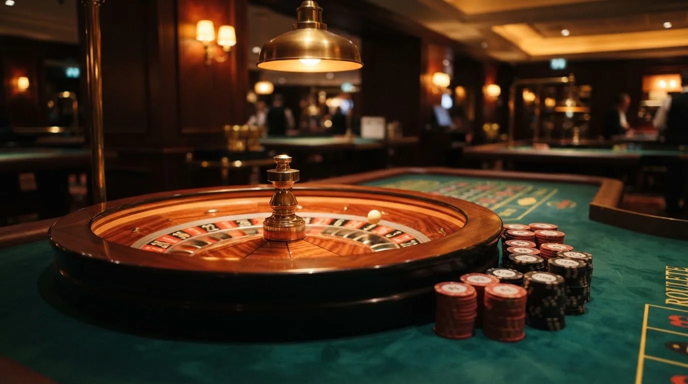 Roda de roleta e fichas sobre feltro verde, sob uma luz quente de fim de tarde — casinos com paysafecard em portugal