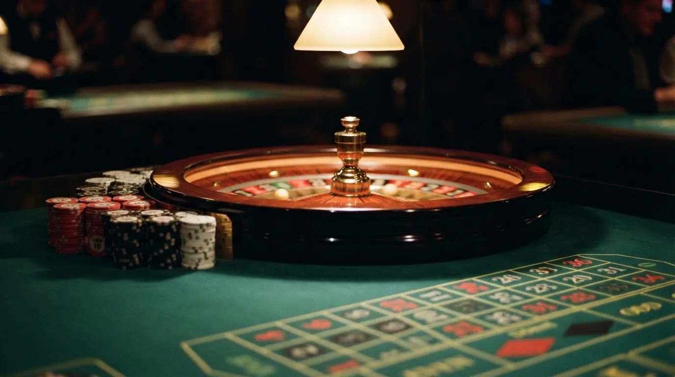 Roda de roleta e fichas sobre feltro verde, sob uma luz quente de fim de tarde — casinos com payu em portugal