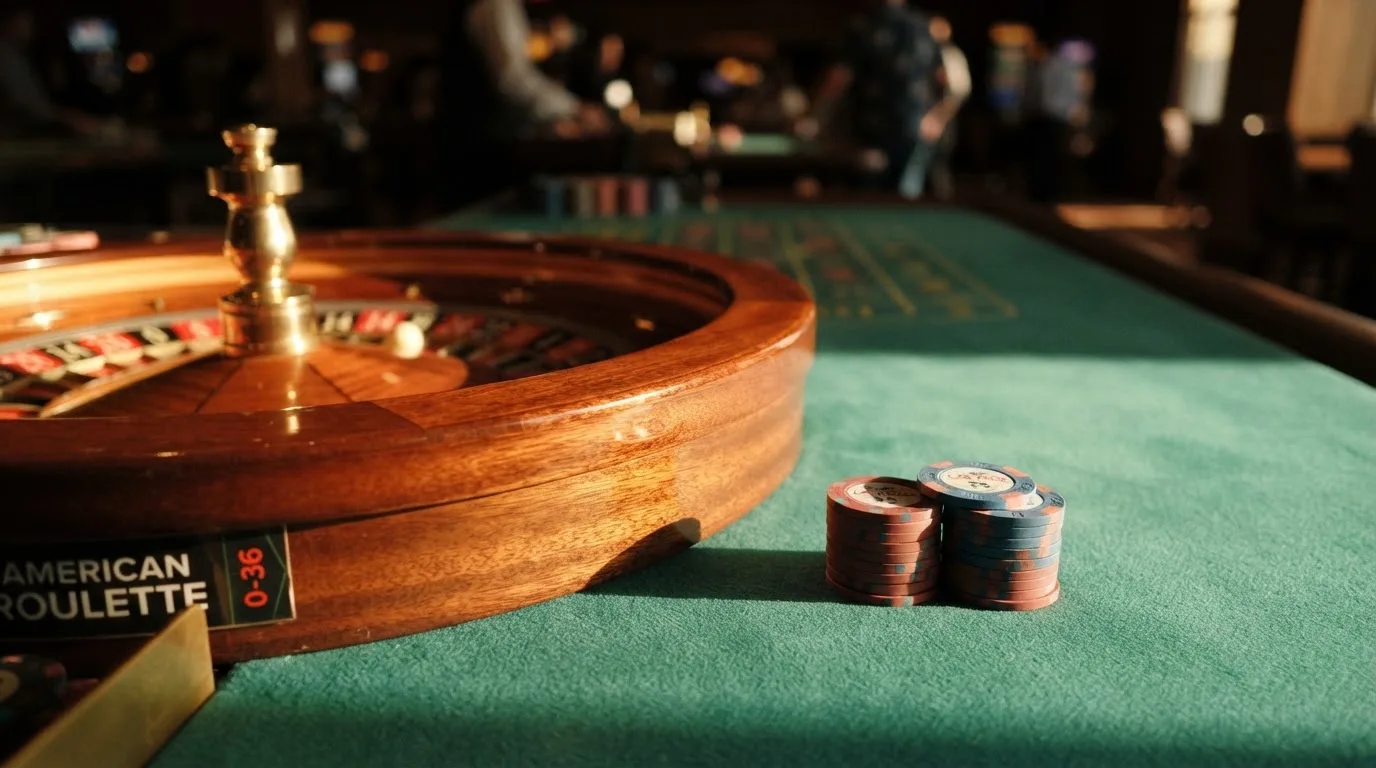 Roda de roleta e fichas sobre feltro verde, sob uma luz quente de fim de tarde — casinos com rodadas em portugal