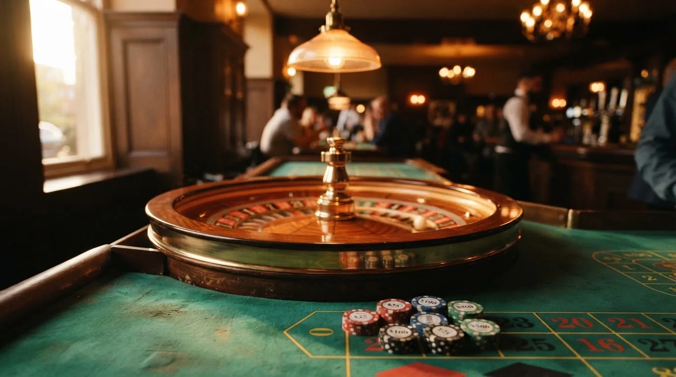 Roda de roleta e fichas sobre feltro verde, sob uma luz quente de fim de tarde — casinos com skrill em portugal