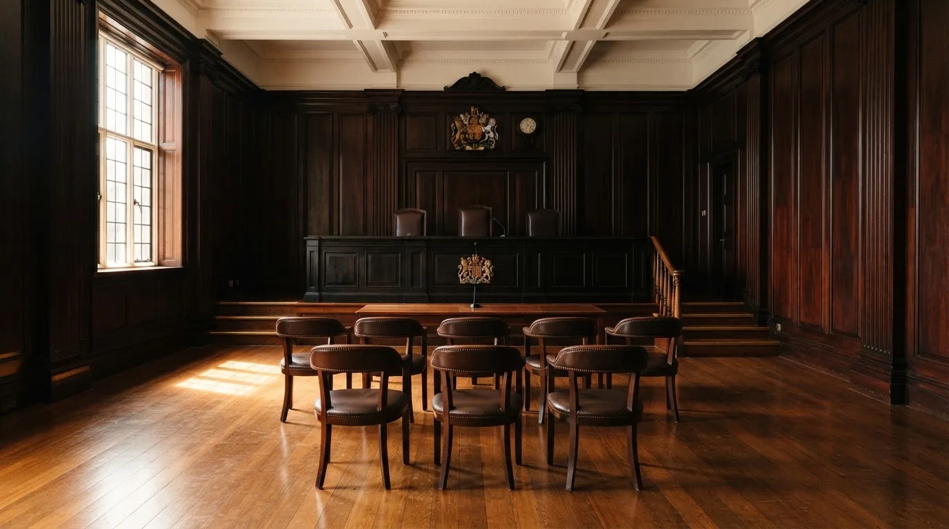 Sala de tribunal vazia com painéis de madeira, à luz da manhã — casinos com transferência bancária pt