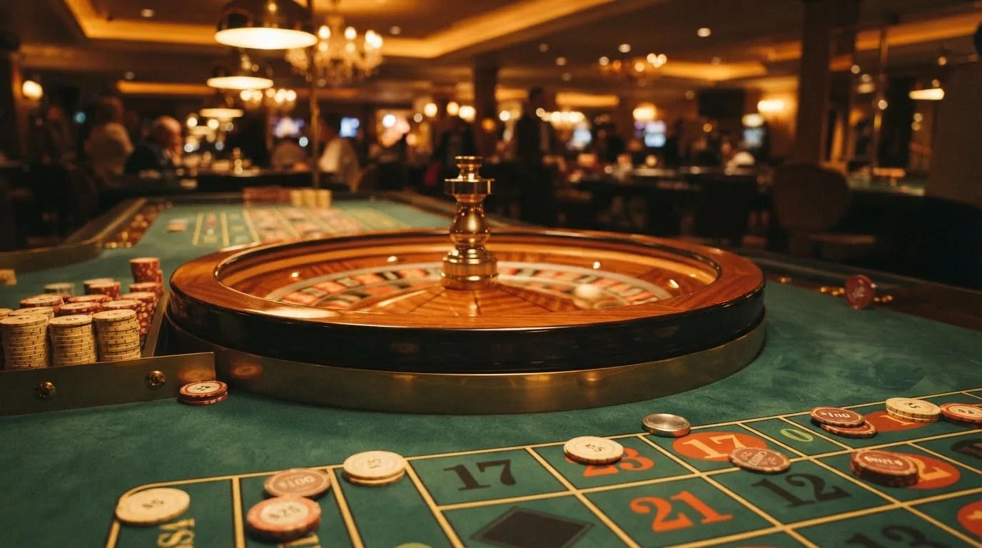 Roda de roleta e fichas sobre feltro verde, sob uma luz quente de fim de tarde — casinos com transferência bancária pt