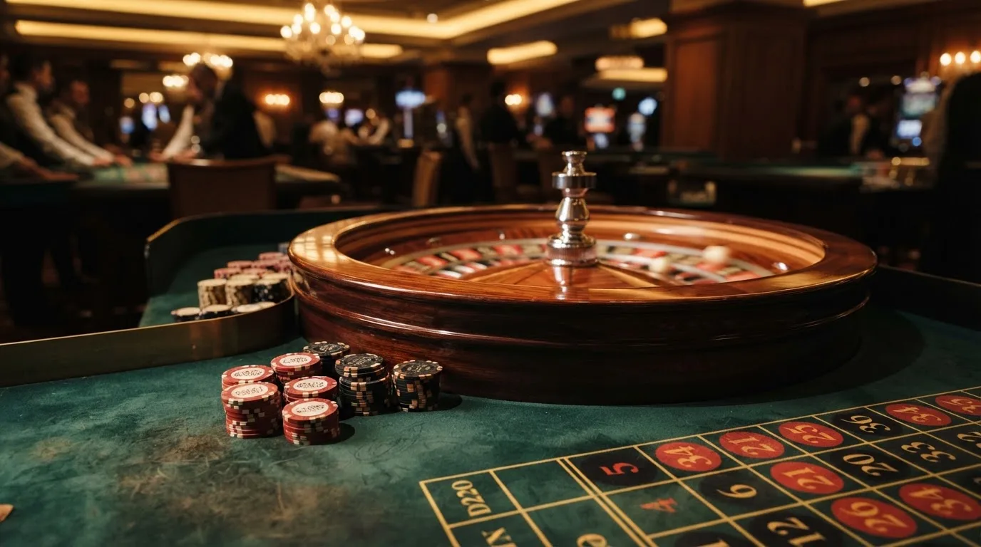 Roda de roleta e fichas sobre feltro verde, sob uma luz quente de fim de tarde — casinos com visa em portugal
