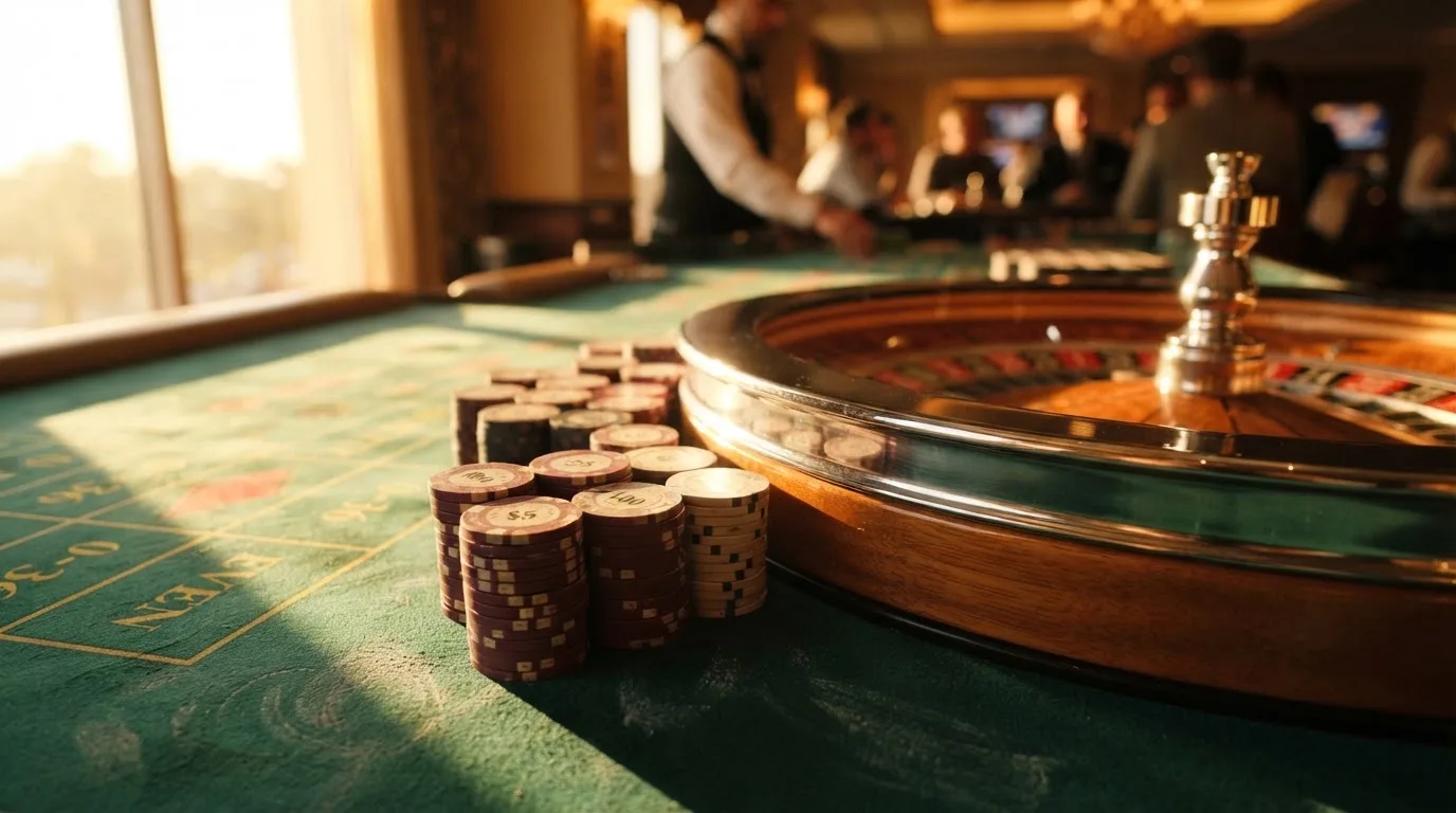 Roda de roleta e fichas sobre feltro verde, sob uma luz quente de fim de tarde — casinos grátis em portugal