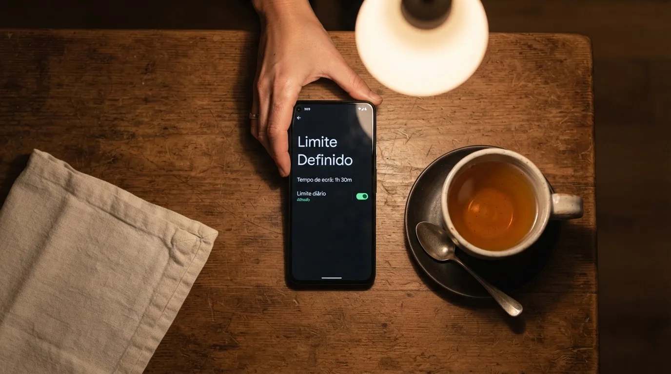 Mão a segurar um telemóvel ao lado de uma chávena de chá numa mesa de cozinha, numa noite tranquila — casinos legais em portugal