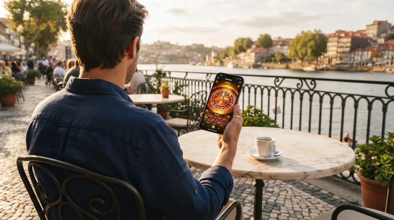 Pessoa a jogar no telemóvel numa esplanada, com um café pousado na mesa e o rio ao fundo, sob sol suave.