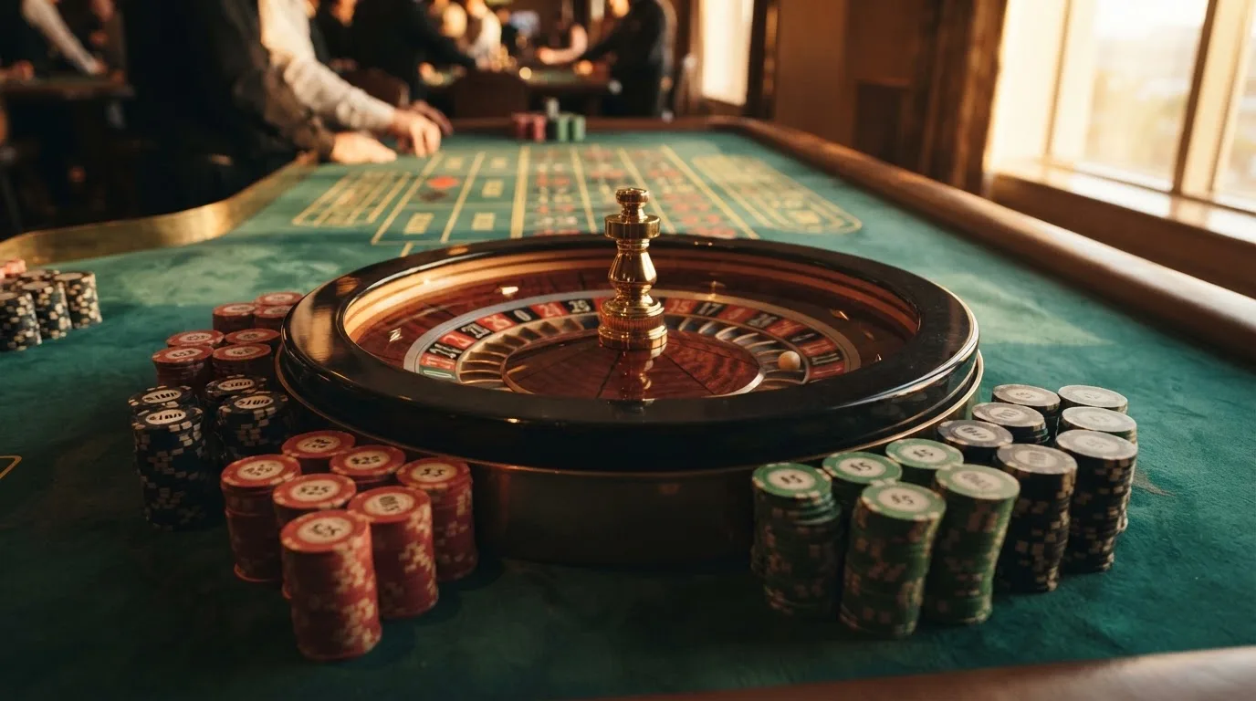 Roda de roleta e fichas sobre feltro verde, sob uma luz quente de fim de tarde — casinos online com depósito pt