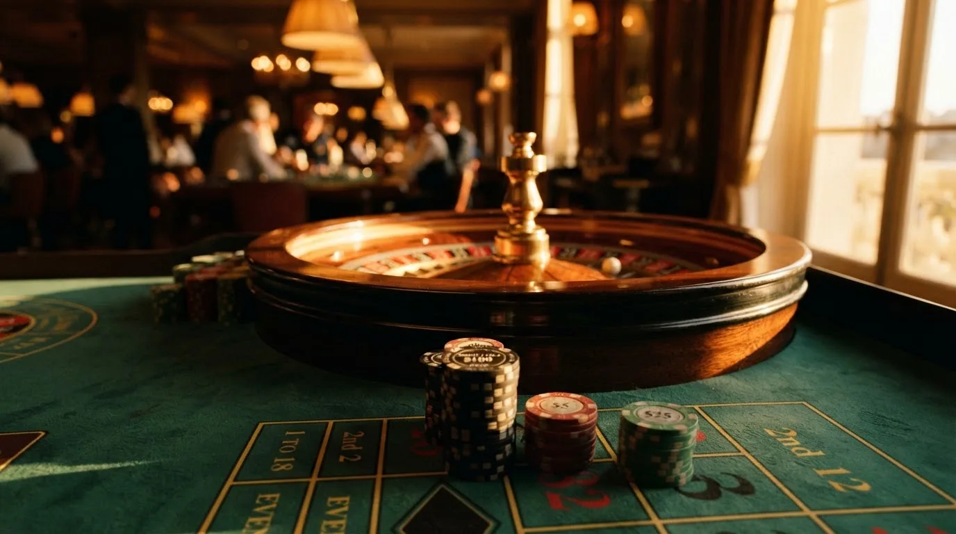 Roda de roleta e fichas sobre feltro verde, sob uma luz quente de fim de tarde — casinos online grátis em portugal