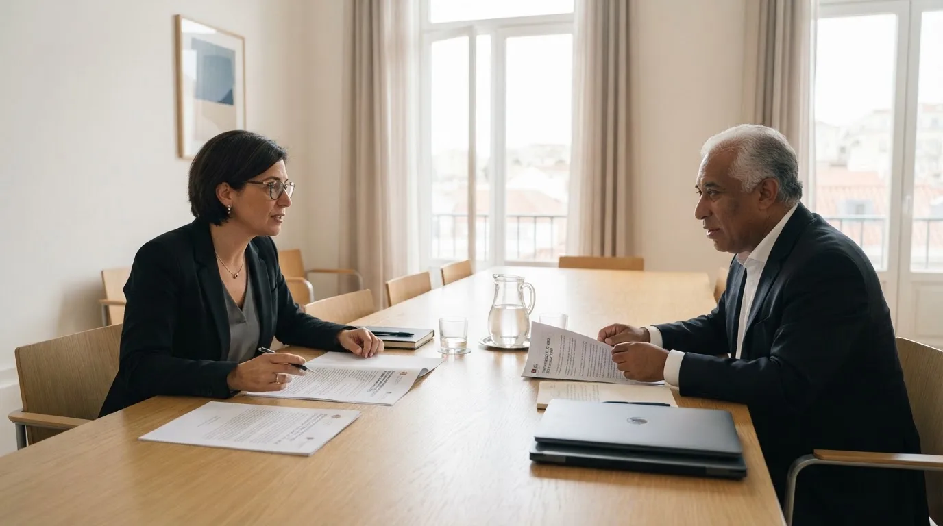 Funcionários de um serviço público a conversar numa sala de reuniões luminosa, com janelas amplas e portáteis fechados sobre a mesa.