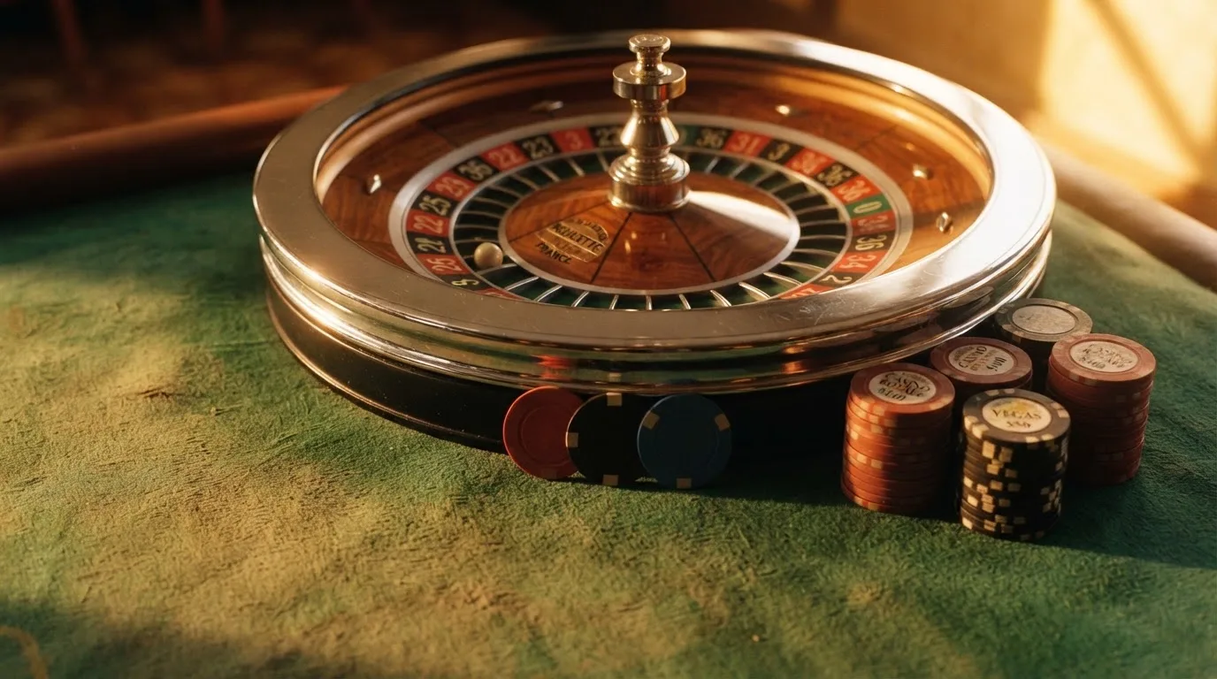 Roda de roleta e fichas sobre feltro verde, sob uma luz quente de fim de tarde — casinos online sem depósito pt