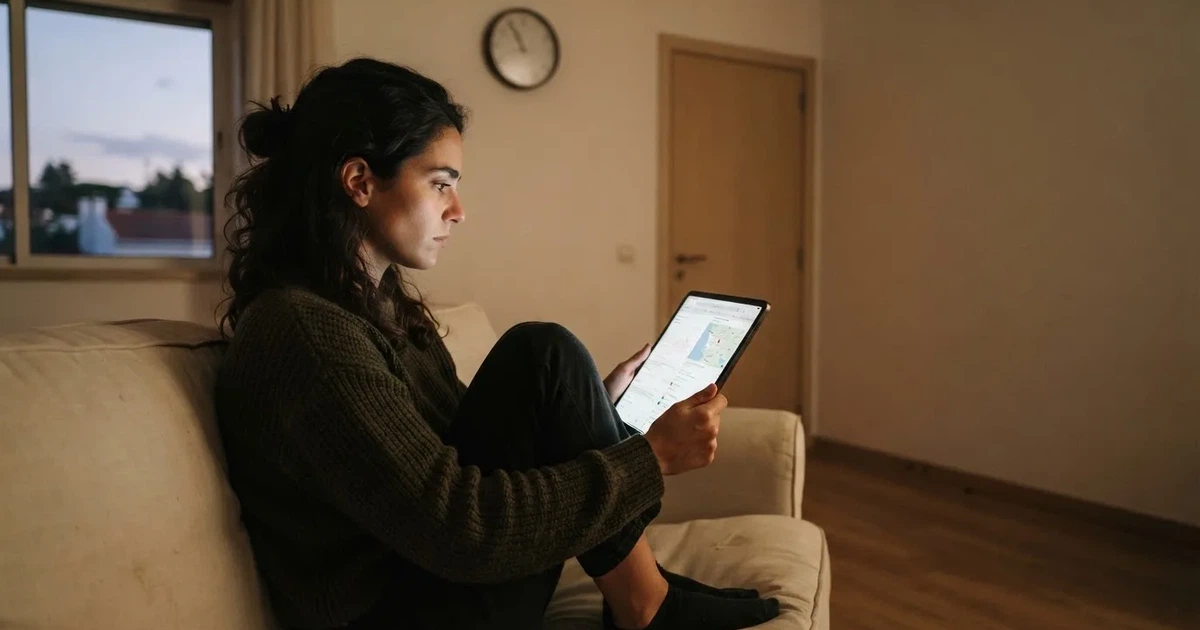 Pessoa num sofá a olhar pensativa para um tablet, com um relógio na parede atrás — casinos online sem depósito pt