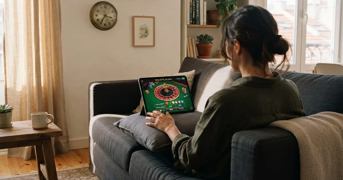 Pessoa num sofá a olhar pensativa para um tablet, com um relógio na parede atrás — cassino com bônus em portugal