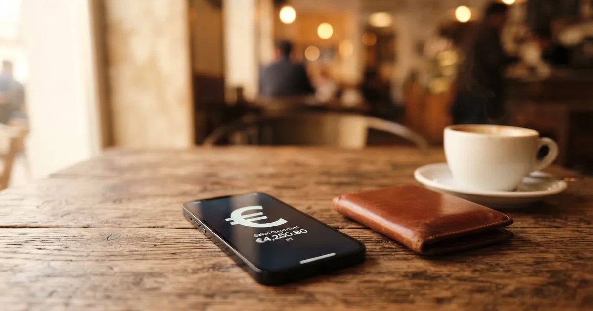Telemóvel numa mesa de madeira ao lado de uma carteira e de uma chávena de café — cassino com depósito em portugal