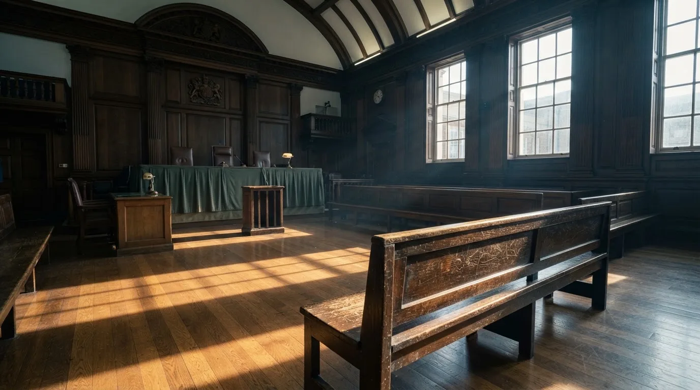 Sala de tribunal vazia com painéis de madeira, à luz da manhã — cassino grátis em portugal