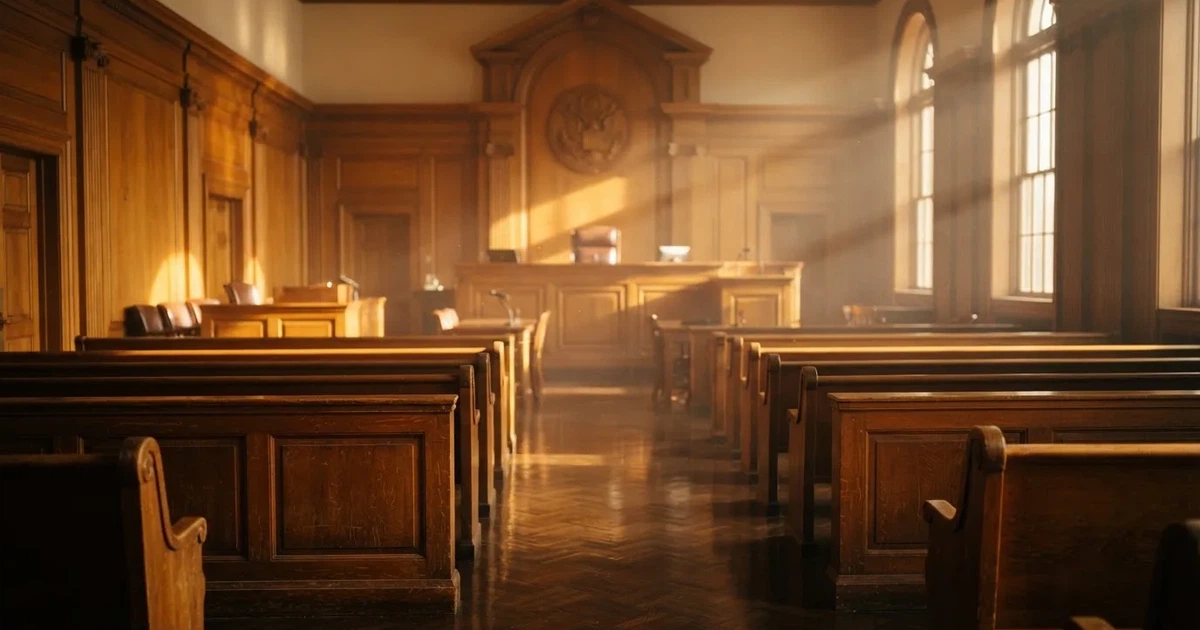 Sala de tribunal vazia com painéis de madeira, à luz da manhã — cassino seguro em portugal