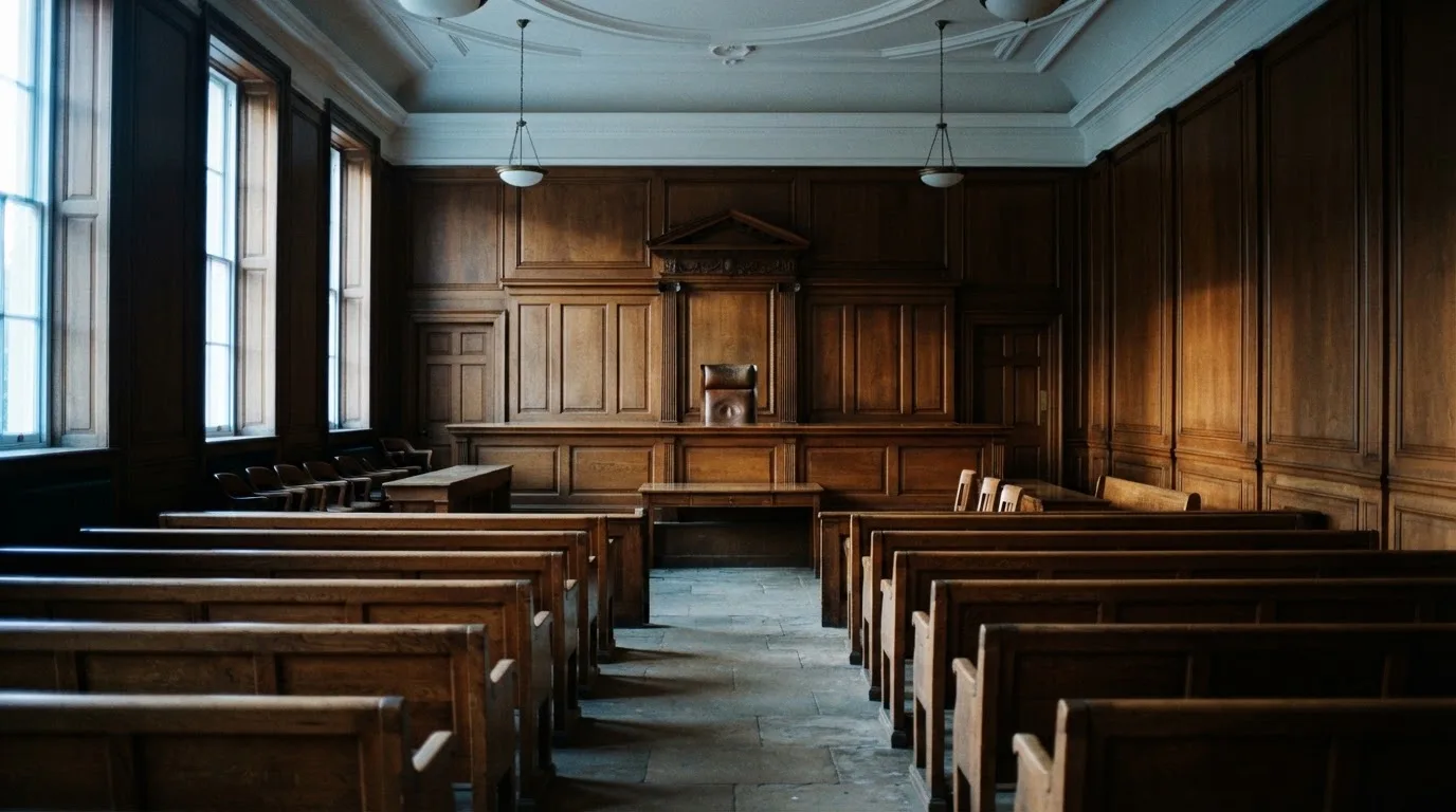 Sala de tribunal vazia com painéis de madeira, à luz da manhã — cassino sem depósito em portugal