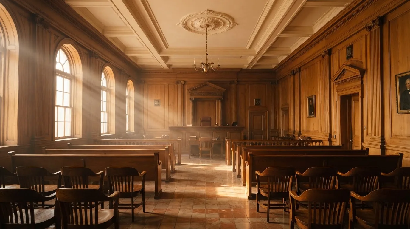 Sala de tribunal vazia com painéis de madeira, à luz da manhã — cassino sem verificação em portugal