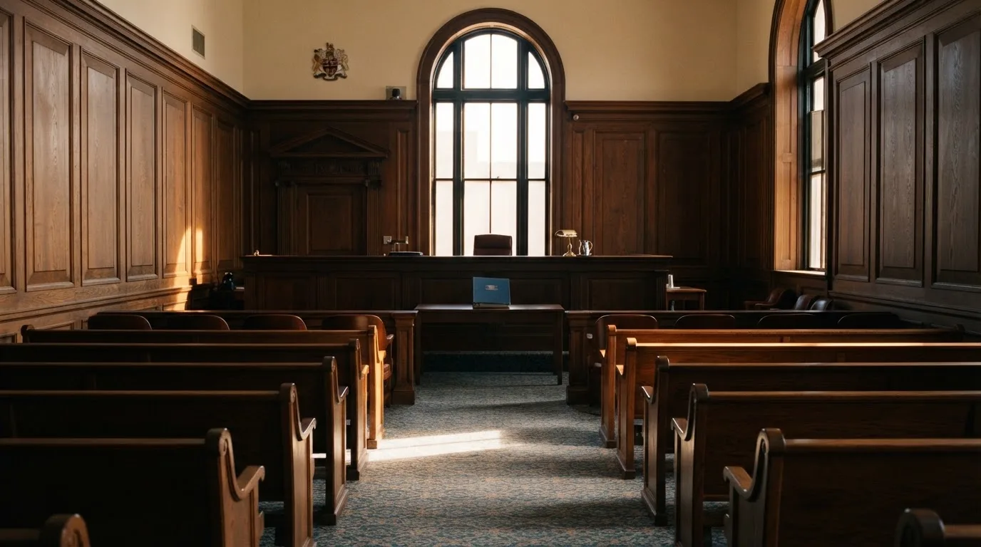 Sala de tribunal vazia com painéis de madeira, à luz da manhã — cassinos ao vivo em portugal