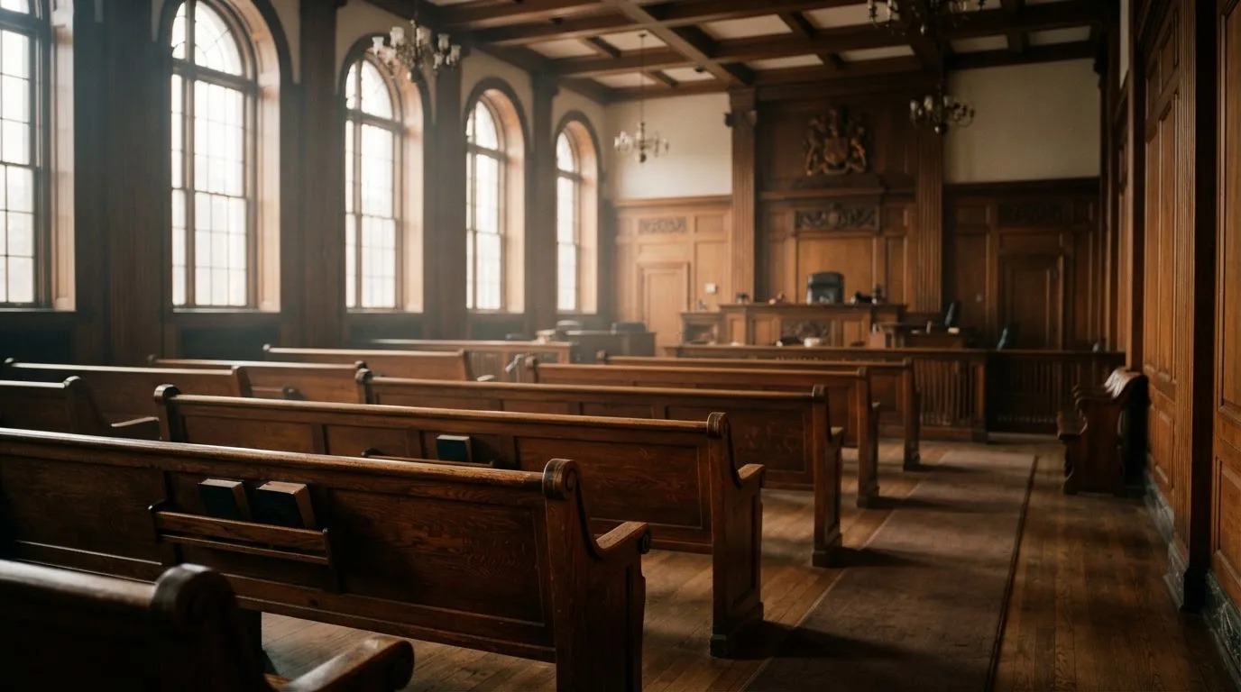 Sala de tribunal vazia com painéis de madeira, à luz da manhã — casinos com bitcoin em portugal