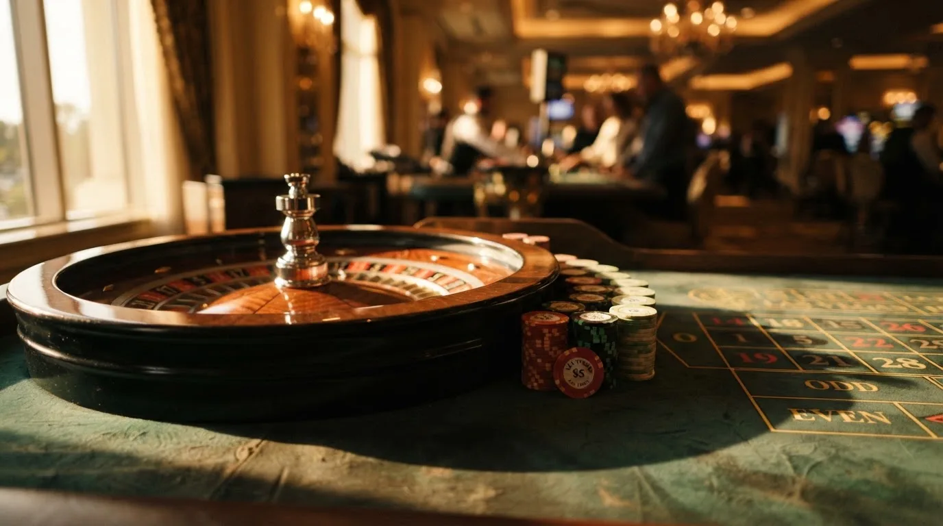 Roda de roleta e fichas sobre feltro verde, sob uma luz quente de fim de tarde — casinos com bitcoin em portugal