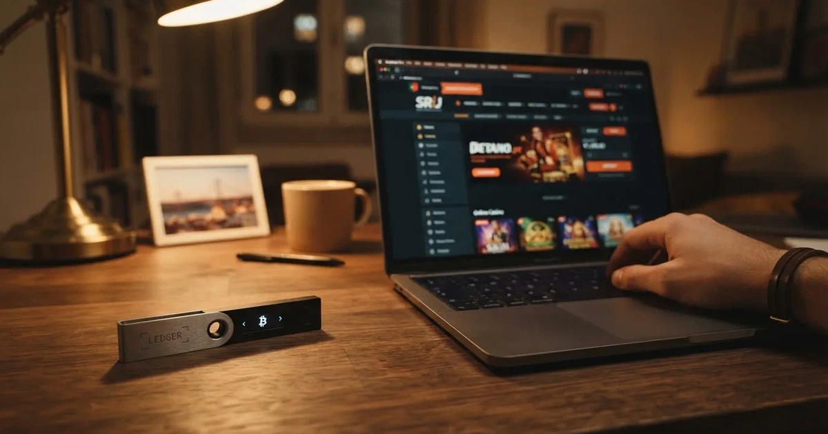 Carteira de hardware e computador portátil numa secretária, com luz suave — casinos com bitcoin em portugal