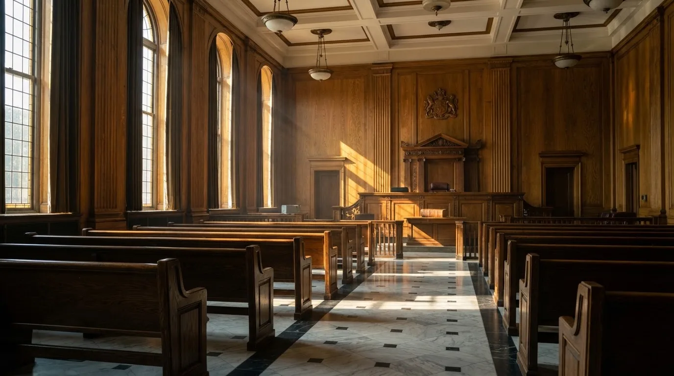Sala de tribunal vazia com painéis de madeira, à luz da manhã — cassinos de criptomoedas pt
