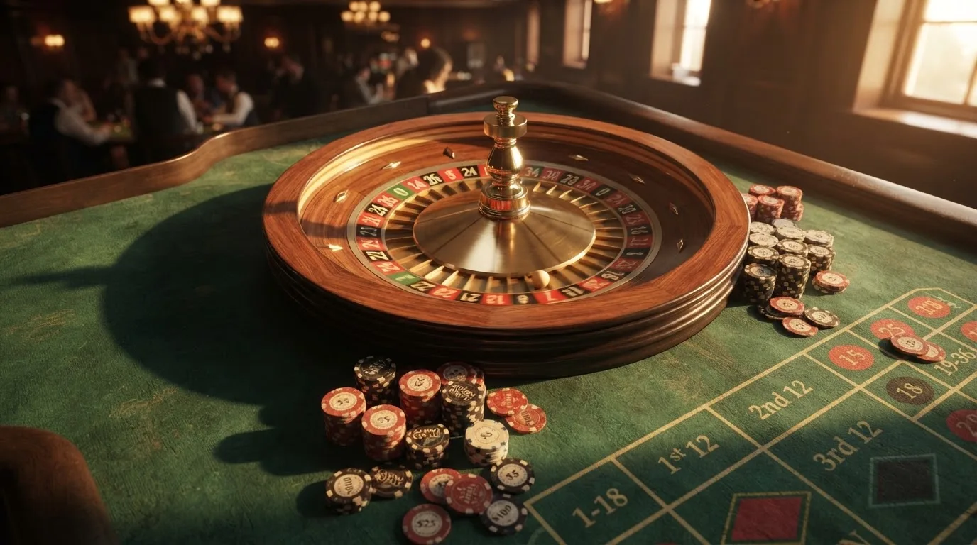 Roda de roleta e fichas sobre feltro verde, sob uma luz quente de fim de tarde — cassinos de criptomoedas pt