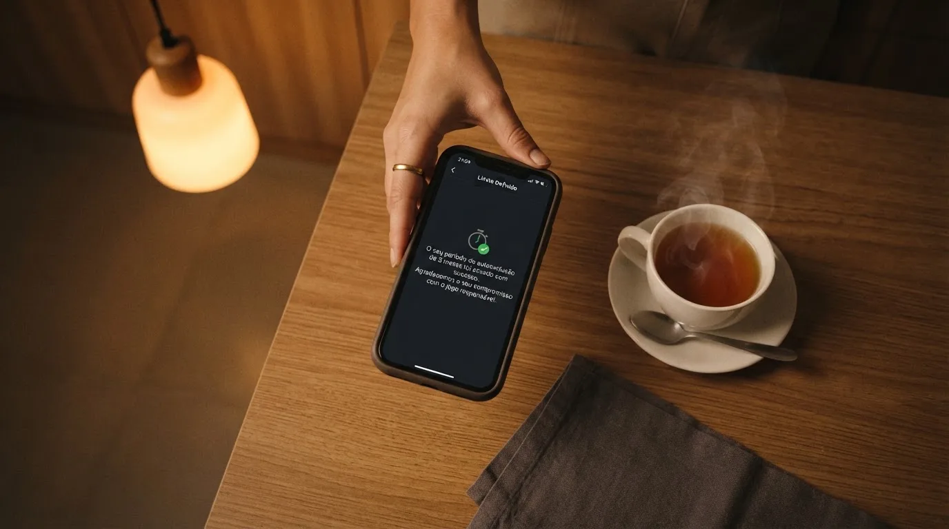 Mão a segurar um telemóvel ao lado de uma chávena de chá numa mesa de cozinha, numa noite tranquila — cassinos online em portugal